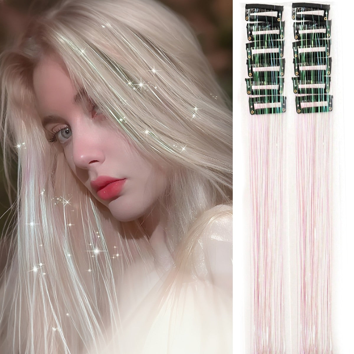 12 unidades/1 pacote 50 cm de extensões de cabelo sintéticas brilhantes, presilhas de cabelo cintilantes para trançar e enfeitar a cabeça de mulheres