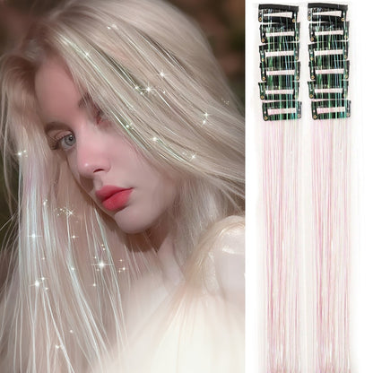 12 unidades/1 pacote 50 cm de extensões de cabelo sintéticas brilhantes, presilhas de cabelo cintilantes para trançar e enfeitar a cabeça de mulheres