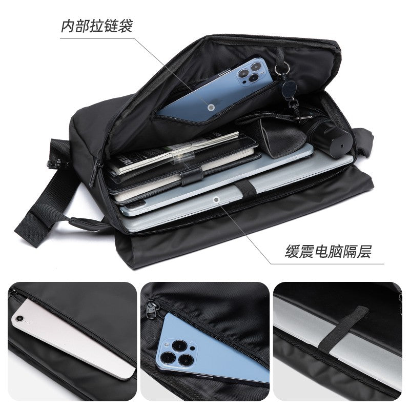 Waterproof Crossbody Bag Men Large Capacity 15 inch Laptop Fashion Shoulder Bag Solid Black Light Portable Anti-theft Zipper Bag