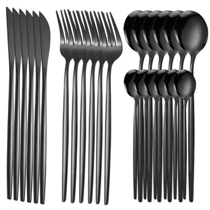 Conjunto de Talheres 24 Peças Aço Inoxidável Preto Dourado Faca Garfo Colher Talheres Ocidentais Prata Utensílios de Mesa