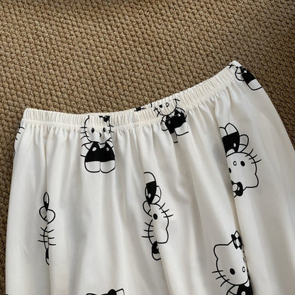 Cartoon HelloKitty Print 2PCS Set Women's Sleepwear with Chest Pad Plus Size Pyjamas Loungewear Crew Neck Loose Pajamas Homewear