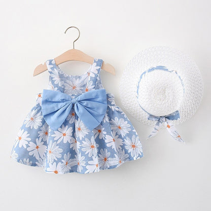 Summer Newborn Baby Clothes Toddler Girl Clothes Cotton Beach Suspender Dress+Sun Hat Princess Dresses2 Pcs