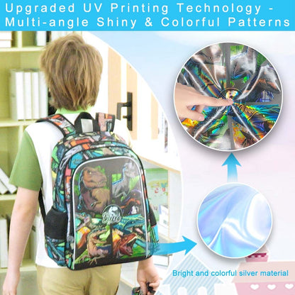 Mochila 3 Peças para Meninos, Mochilas Infantis de Dinossauro 16 Polegadas, Mochilas Escolares Legais para Ensino Fundamental e Pré-escola