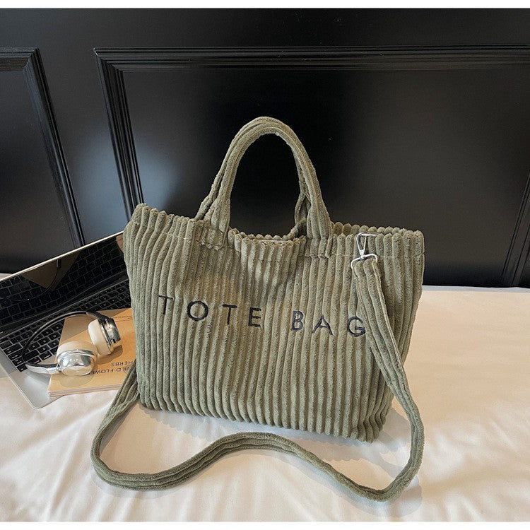 Large Capacity Striped Velvet Handbag Shoulder Bag for Woman Handbags Crossbody Bags, Versatile Letter Corduroy Women's Tote Bag