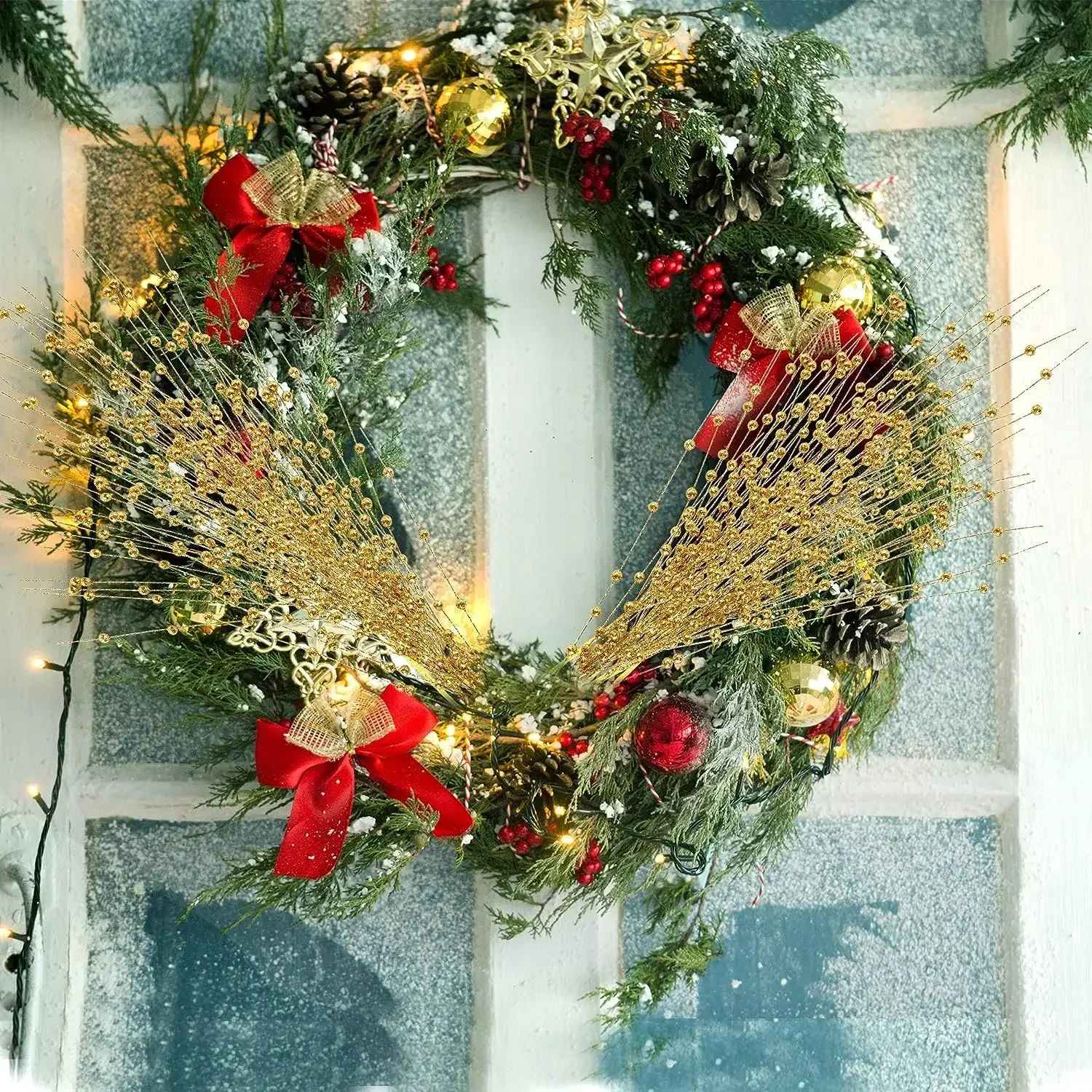 1-10pcs Gold Christmas Decorative Flash Artificial Berry Stem Decor for Christmas Tree DIY Wreath Fireplace Holiday Crafts Gifts
