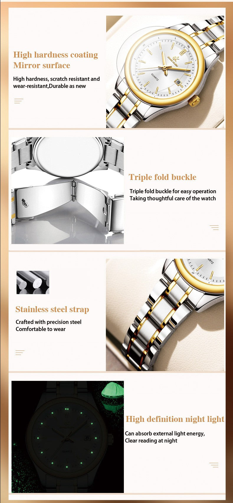 ERNIE KLEIN Women’s Watch Luxury Gold Watch OriginalDate Week Stainless Steel Waterproof Luminous Elegant Dress Ladies' Watches