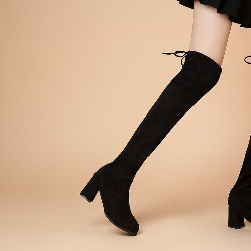 Spring New Fashion Slim Thick High Heels Flock Women Over-the-Knee Long Modern Stretch Boots Winter Long Boots D252
