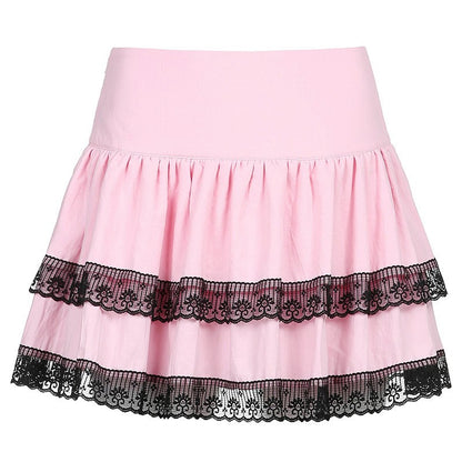 Lolita Cake Mini Skirts Gothic Japanese Harajuku Girls Purple Pink Plaid Pleated Skirt Punk Sweet Lace Kawaii Cosplay Costume