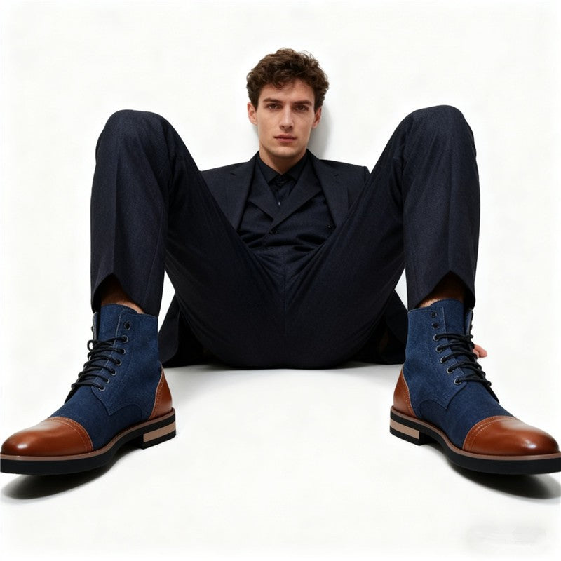 Men's Leather Lace - up Ankle Boots Retro Color - Block Formal Casual Boots Comfortable Non - slip Dress Boots For Daily Wear