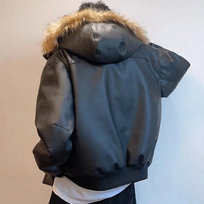 Winter American retro fashion brand handsome all-match warm detachable hat heavy PU leather cotton coat thickened jacket for men