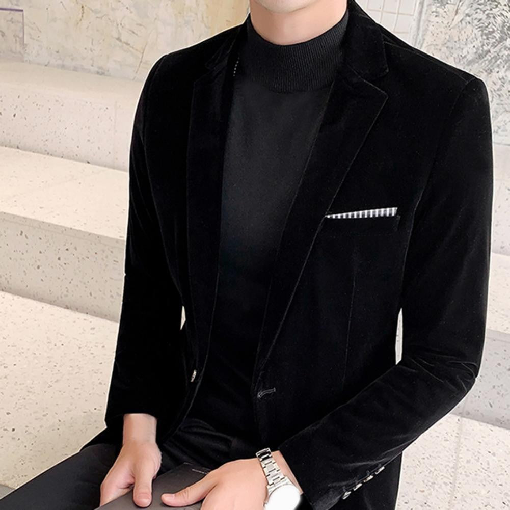 Spring Velvet Men Solid Color Temperament Suit Jacket Turndown Collar Long Sleeve Slim Fit Single Button Velvet Suit Coat