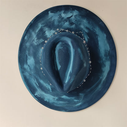 Chapéu Fedora Pintado à Mão Masculino e Feminino Chapéu Panamá Moda Primavera Outono com Pena Envolta Chapéu Fedora de Lã com Aba Grande