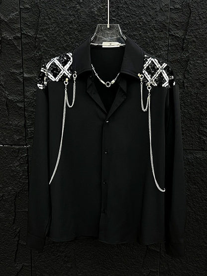 New high-end personalized metal chain design for men's long sleeved patchwork loose sequined shirt