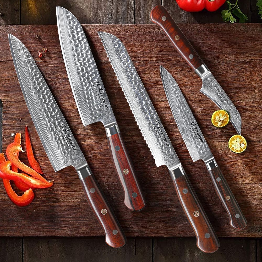 TURWHO 1-5 PEÇAS Facas Santoku Japonesas Facas de Chef Faca de Pão Aço Damasco de Alto Carbono 67 Camadas Conjunto de Facas Profissionais para Cozinha