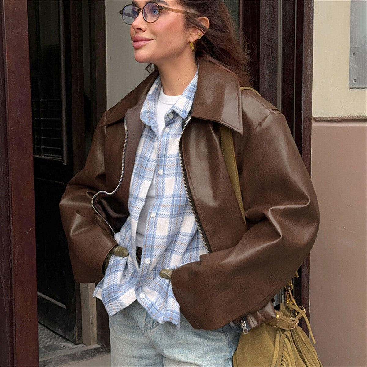 Jaqueta Feminina de Couro Sintético Vermelho Vinho Vintage, Casaco Moderno com Zíper e Lapela, Casacos de Outono Inverno, Blusas Curtas Femininas Estilo Streetwear