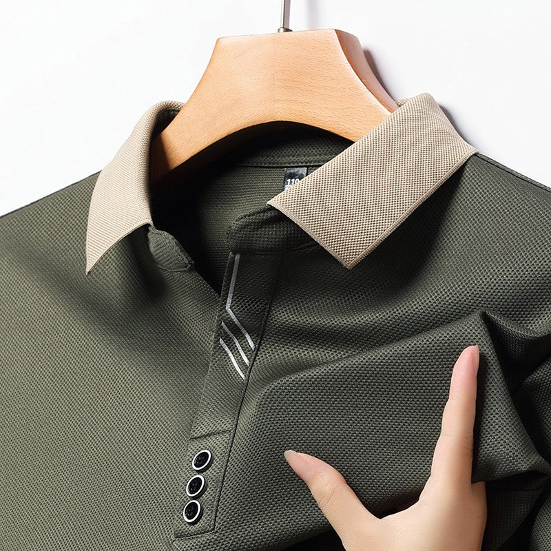 New Men's Long-sleeved Polo Shirt Sweatwear Business Casual Top Fashion Classic Solid Color Male Brand Basic V-neck Top