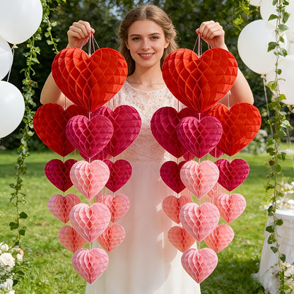 10 pcs Valentine's Day heart-shaped paper felt balls, party hanging ornaments, - red and pink honeycomb balls, wedding, birthday