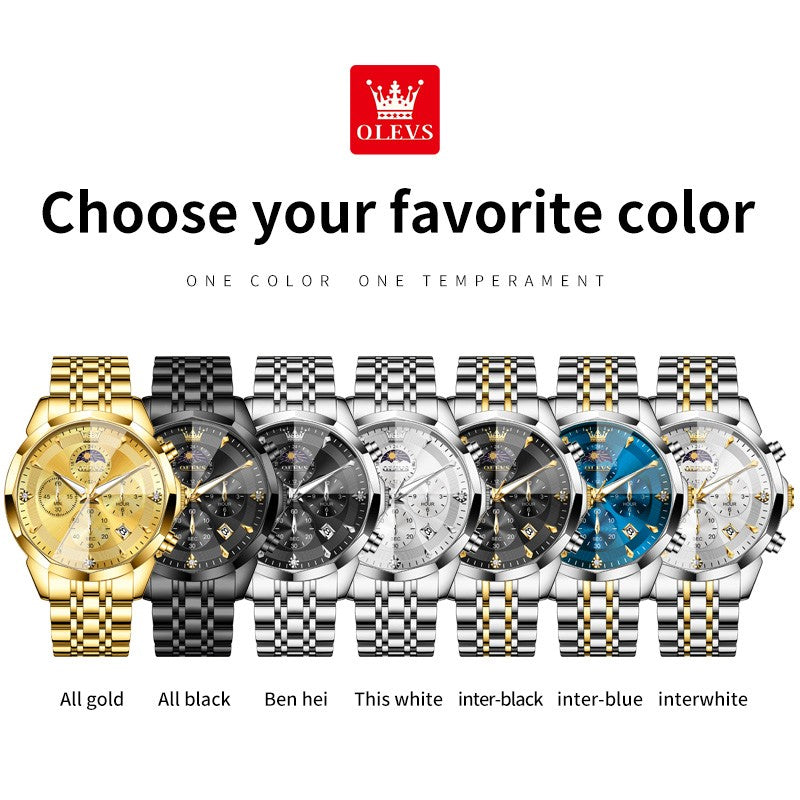 OLEVS Original Fashion Moon Phase Men's Watches Waterproof Chronograph Quartz Watch Stainless steel Calendar Brand Wristwatch