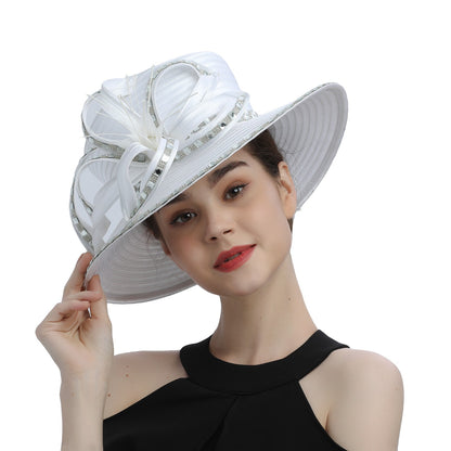 Deluxe New White Church Hat Party Banquet Satin Cloth Photography Hats Premium Chains Formal Hat Flower Top Cap For Women Ladies