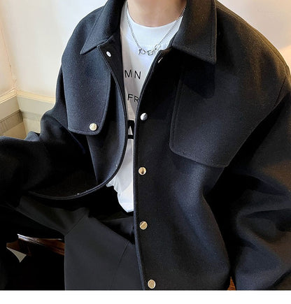 Winter Short Woolen Coat Men Warm Retro Thickened Woolen Jacket Men Streetwear Korean Loose Woolen Coat Mens Oversized Overcoat