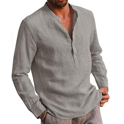 Casual Cotton Shirt Long Sleeves Crew Neck Men's Summer Simple Plain Blouse Button Down Tops Plus Size