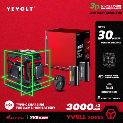 Nível a Laser Verde YEVOLT YVGLL4XS-Series 3/4 Planos 12/16 Linhas Autonivelante 360 3D/4D Horizontal e Vertical Ferramenta de Medição de Energia