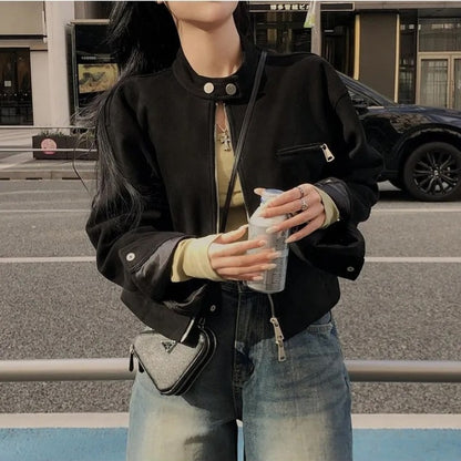 Retro American Coffee Brown Copper Zipper Button Short Jacket 2025 Autumn Trendy PU Leather Jacket Versatile for Dynamic Women