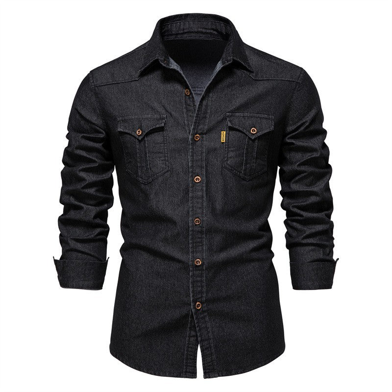 Men's casual solid - color long - sleeve denim shirt, a fashionable and versatile breathable cotton coat.