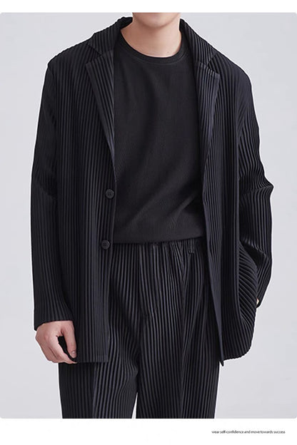 Miyake New 2025 Spring Suit Long Sleeve Pleated Pleated Men's Jacket Lapel Pleated Solid Color Fashion Loose Plisse Casual Top