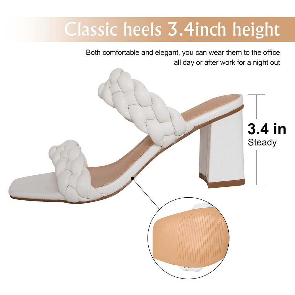 Elegant Women's Braided Heels Sandalias Fashion Strappy Square Sandals Open Toe Backless Mules Slip On Block Heeled Shoes