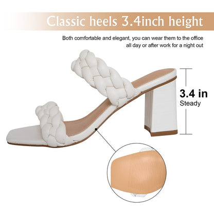 Elegant Women's Braided Heels Sandalias Fashion Strappy Square Sandals Open Toe Backless Mules Slip On Block Heeled Shoes