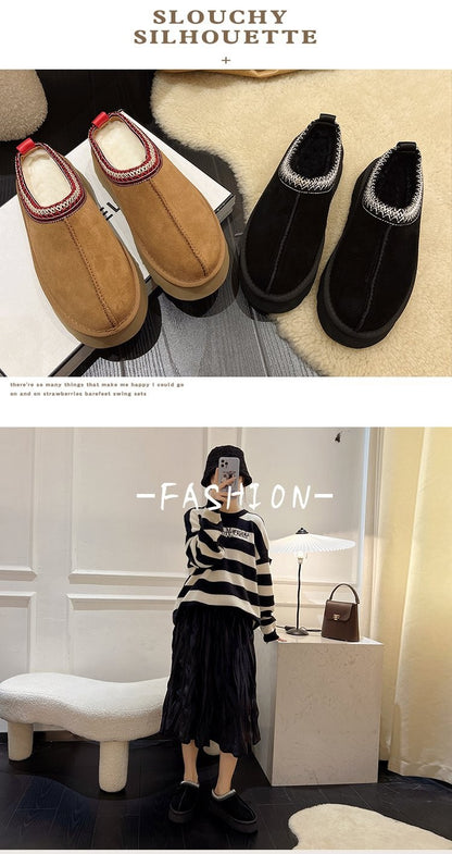 Snow Boots for Women 2024 Winter New Cashmere Warm Platform Without Heel-covered Hair Half Slipper Cotton Shoes for Women Q426