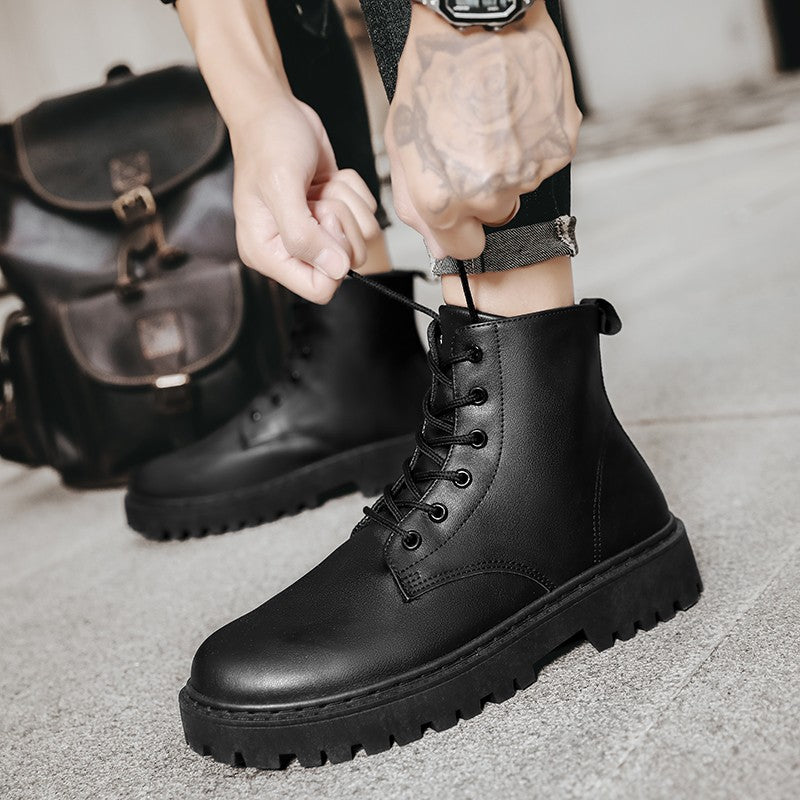 Men Black Leather Boots New British Style High Top Fashion Work Boots Outdoor Street Fashion Chelsea Men Shoes Comfortable Short