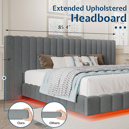 Estrutura de Cama Queen com Luzes LED e Cabeceira Estofada Grande, Plataforma Moderna de Veludo com Design Flutuante, Sem Box