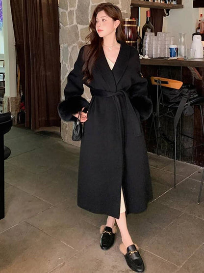 [EWQ] Wool Fox Fur Sleeve Women Coat Elegant Clothing Autumn 2025 Winter Double-sided Jacket Big Size Wine Red Overcoats 16O2751