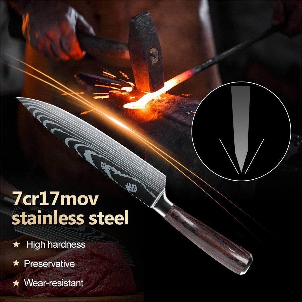 ZENG 10-piece set Damascus Pattern Cooking Cutter Kitchen Knife Chef Knives Meat Cleaver Fruit Vegetable Knife Slicing Knife
