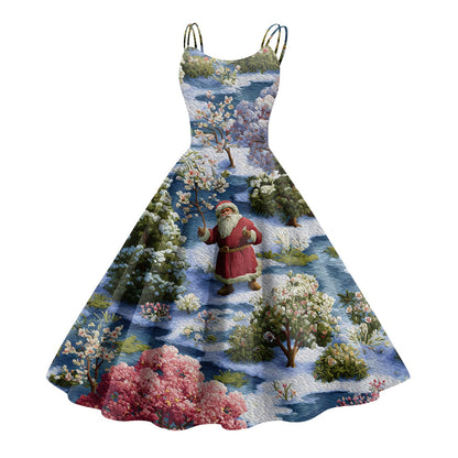 High Quality Cute Women's Casual Fashion Round Neck Christmas Print Mid-Length Dress Pretty Sweet Christmas Suspender Dress