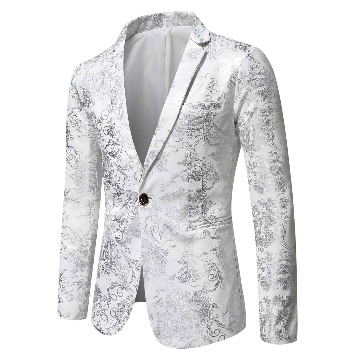 Men's Slim Fit Print Blazer Jacket 2025 Fashion Handsome Business Casual Silver Stage Show Suit Small Menswear