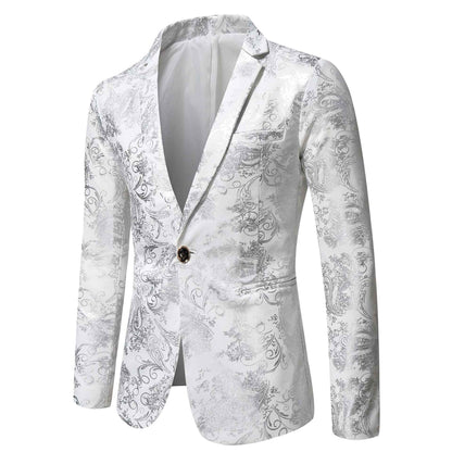 Men's Slim Fit Print Blazer Jacket 2025 Fashion Handsome Business Casual Silver Stage Show Suit Small Menswear
