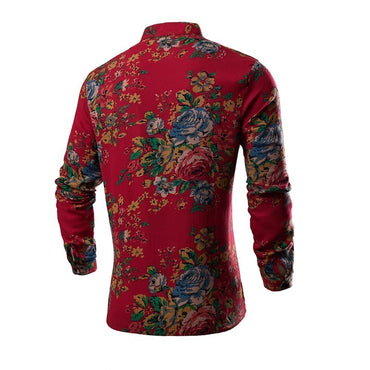 Chinese Style Men's Long-sleeved Printed Shirt, Single-breasted Stand-up Collar Shirts, Fashion Casual Top Camisas, Size M-6XL
