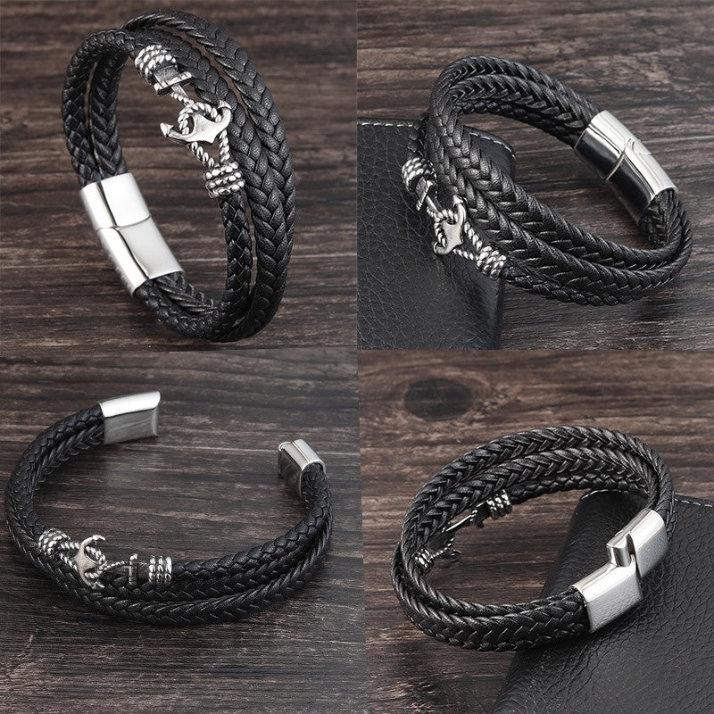 Pulseiras de Âncora Punk de Aço Inoxidável Pulseira de Couro Genuíno e Braceletes Masculinos Joias Pretas Presente de Moda