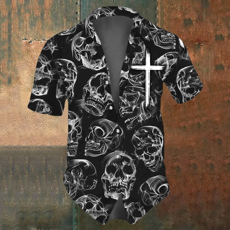 Retro Men's Shirts Small Skull Print Short Sleeve Loose Oversized Hawaiian Shirt Fashion Man Clothes Skull Black Shirts For Men