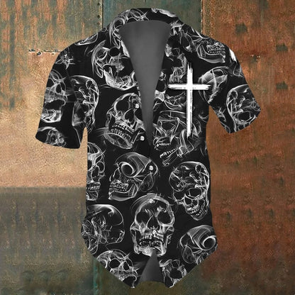 Retro Men's Shirts Small Skull Print Short Sleeve Loose Oversized Hawaiian Shirt Fashion Man Clothes Skull Black Shirts For Men