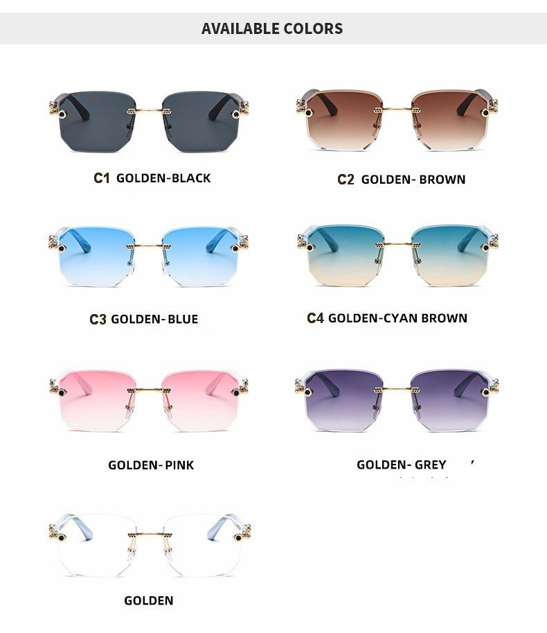 Square Sunglasses For Men Women Fashion Metal Leopard Head Rimless Eyewear Travel And Driving Shades Oculos De Sol UV400