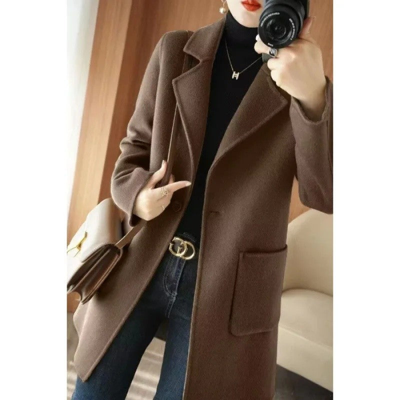 Ladies' Fashionable Woolen Coat Autumn Winter High End Medium Length Leisure Style Woolen Outerwear Pure Color Full Sleeve