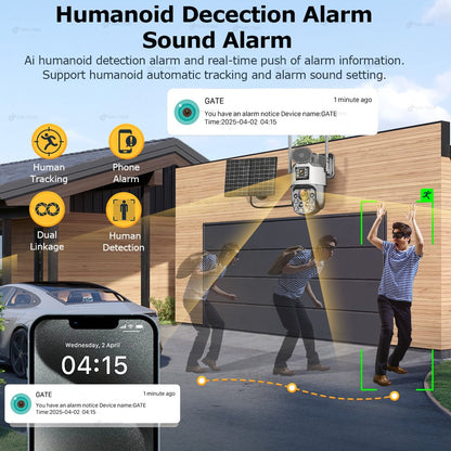 Câmeras de segurança solares externas 4K, 4G SIM, 2 lentes/tela, zoom óptico de 60x, rastreamento automático, PTZ 360°, câmera IP para vigilância residencial