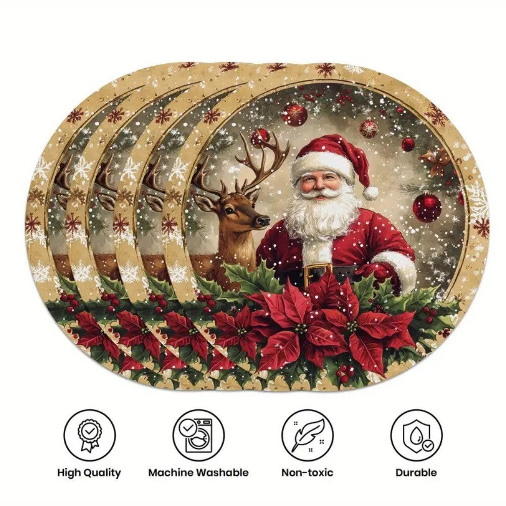 4PCS Christmas Placemats Round Polyester Non Slip Heat Resistant Festive Table Mats Christmas Style Design Round Tablecloth