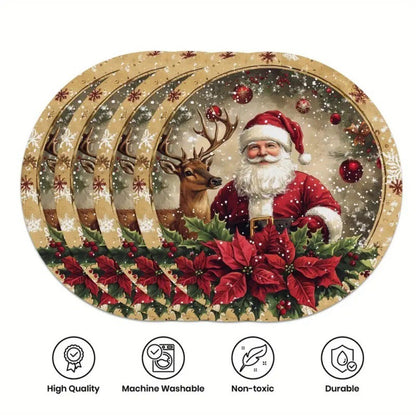 4PCS Christmas Placemats Round Polyester Non Slip Heat Resistant Festive Table Mats Christmas Style Design Round Tablecloth