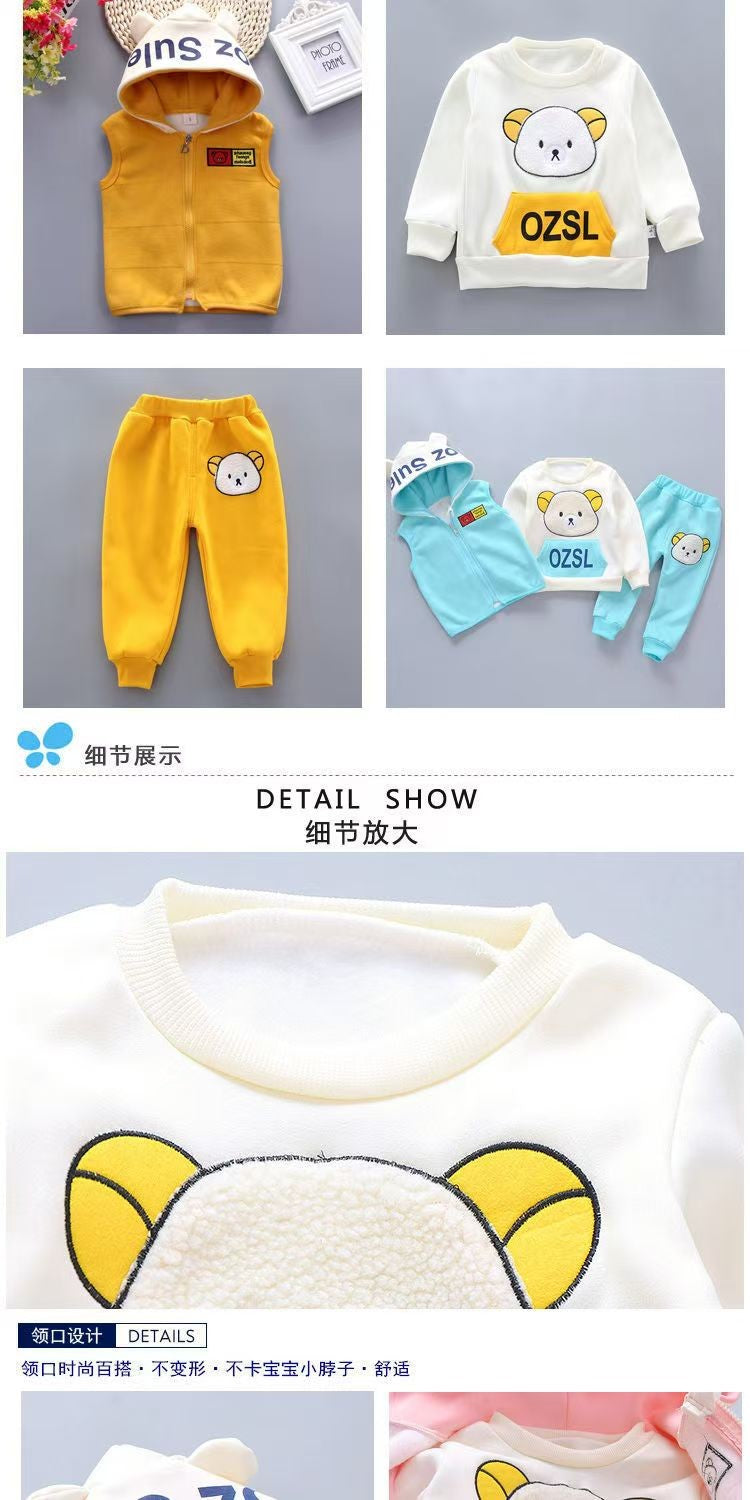 Boy Girl Winter Cartoon Set Baby Autumn Thick Warm Suit Infant Hooded Jackets+Pullovers+Pants 3Pcs Outfits Kids Fleece Clothes