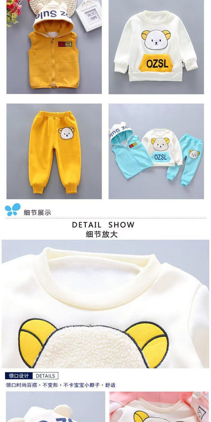 Boy Girl Winter Cartoon Set Baby Autumn Thick Warm Suit Infant Hooded Jackets+Pullovers+Pants 3Pcs Outfits Kids Fleece Clothes